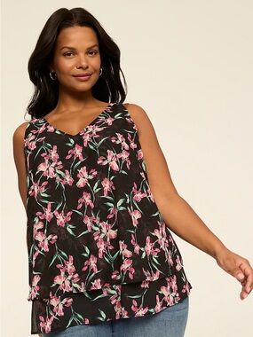 Lane Bryant Black V-Neck Layered Floral Tank with Pink Blooms
